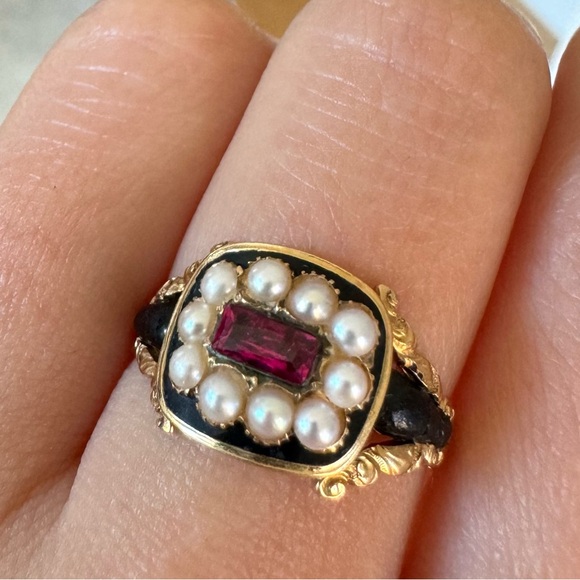 Jewelry - English Regency/Victorian Era 18k Ruby, Seed pearl, & Enamel Mourning Ring